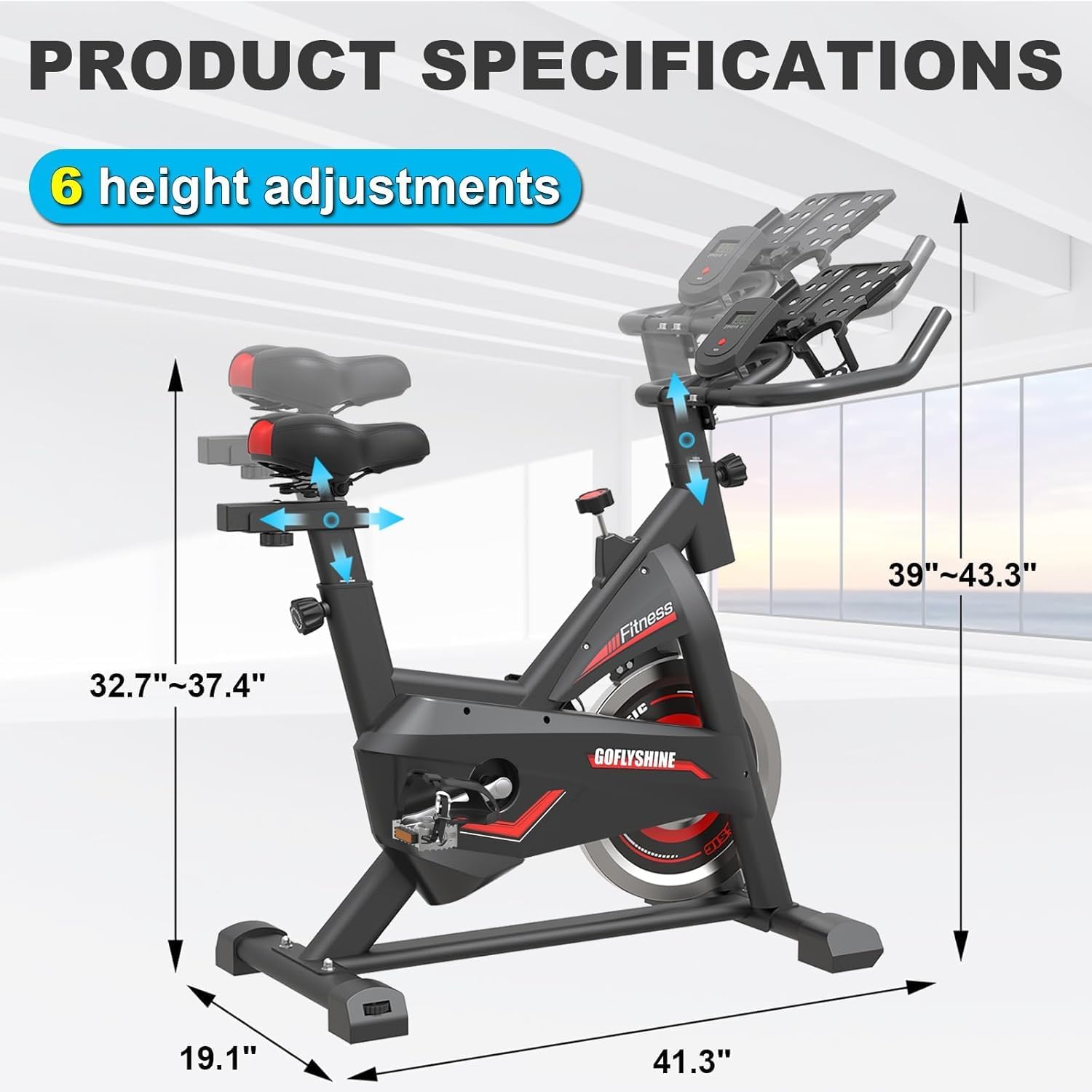 GoFlyShine exercise bike with LCD monitor and phone holder